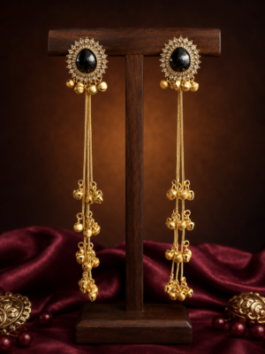 Kasturi long black Kashmiri ghungroo earrings with golden chains