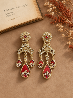 Kashvi red Kundan chandelier earrings with triple teardrop danglers