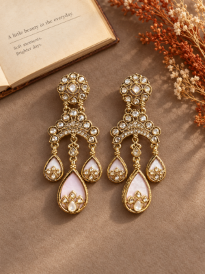 Kashvi light pink Kundan chandelier earrings with triple teardrop danglers