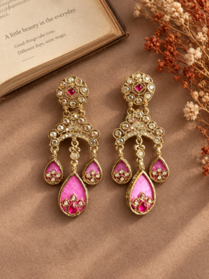 Kashvi dark pink Kundan chandelier earrings with triple teardrop danglers