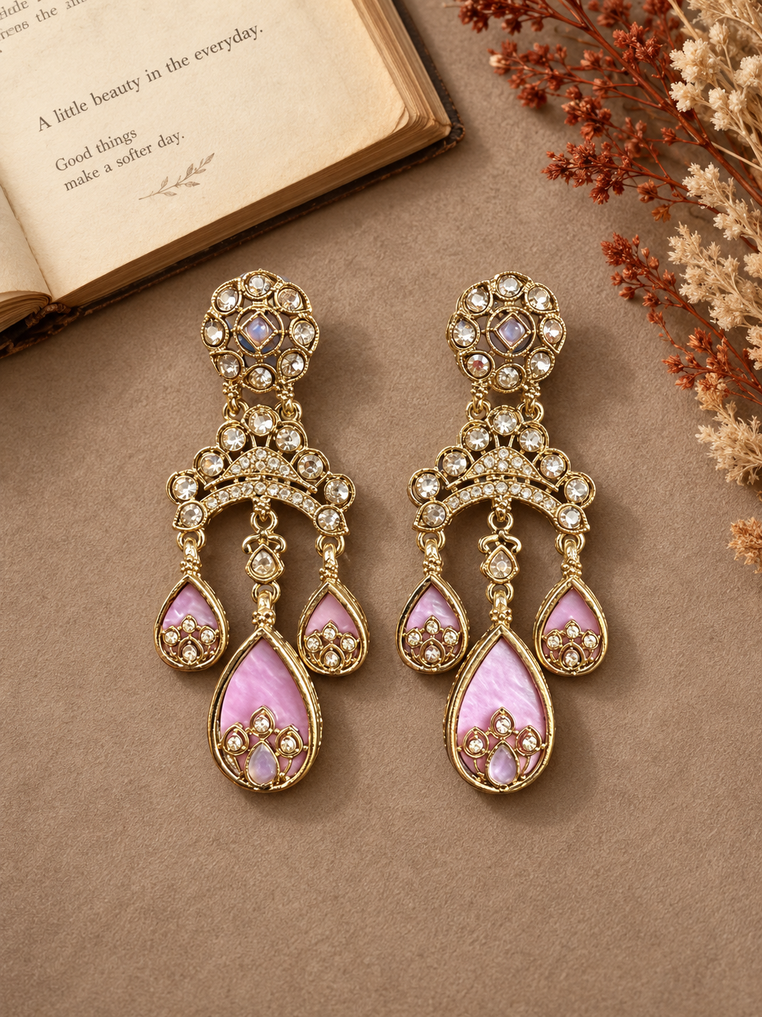 Kashvi lavender Kundan chandelier earrings with triple teardrop danglers