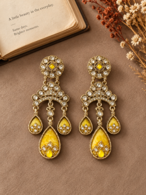 Kashvi yellow Kundan chandelier earrings with triple teardrop danglers