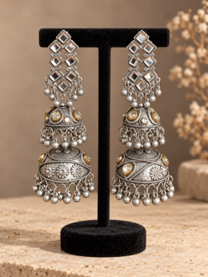 Pair of 12.5 cm long oxidised earrings with square mirror-detail tops, two stacked jhumka domes and silver-tone bead drops