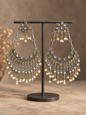 Pair of 12 cm oxidised floral chandbali earrings with reflective leaf details, silver-tone bead tassels and white pearl-style drops