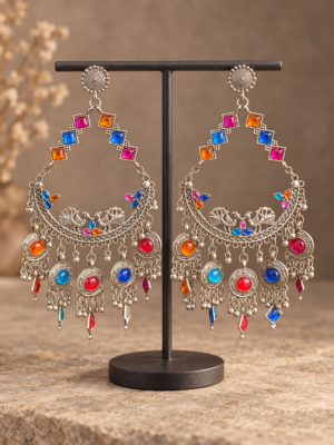 Pair of 15 cm multicolour oxidised peacock chandbali earrings with ornate crescents and hanging metallic beads