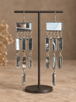 Pair of 11 cm long oxidised silver-tone earrings with rectangular mirror tops and cascading mirrored drops