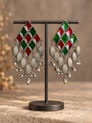 Pair of 9 cm red and green geometric oxidised earrings with engraved silver-tone danglers and hanging metallic beads