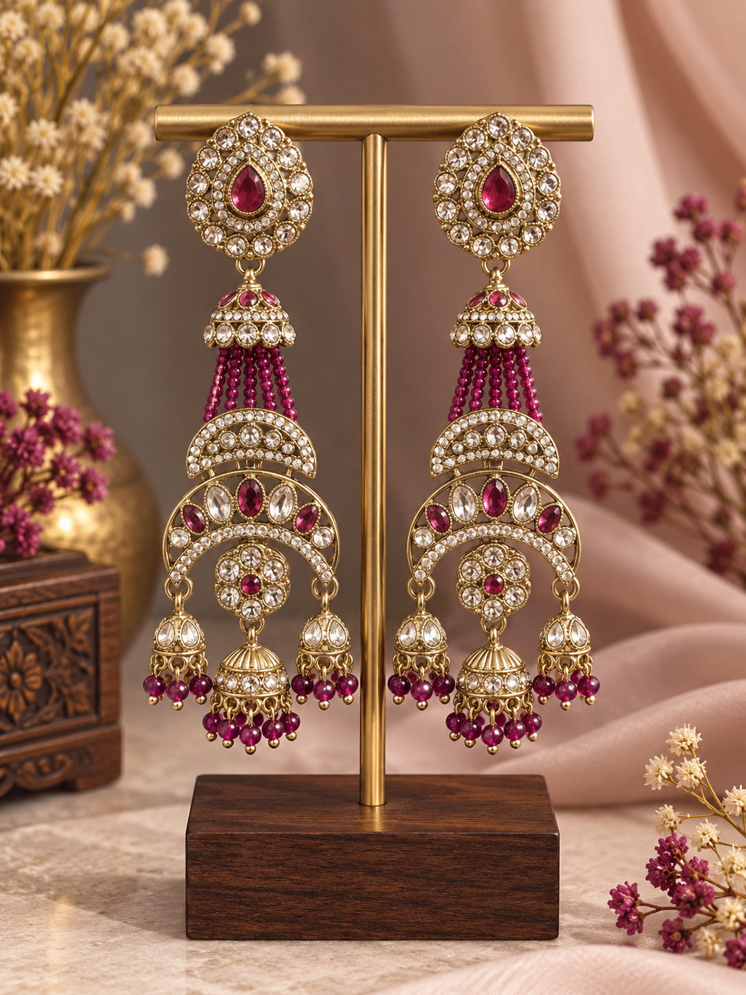 Nayab Purple Long Kundan Jhumka Earrings