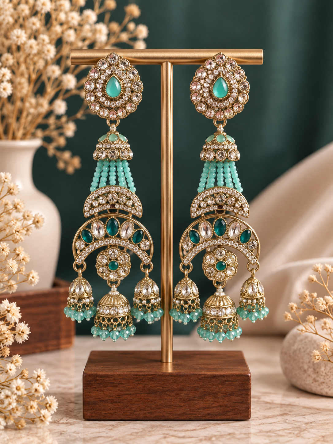 Nayab Light Blue Long Kundan Jhumka Earrings