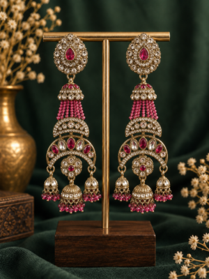 Nayab Dark Pink Long Kundan Jhumka Earrings