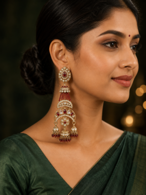 Nayab Red Long Kundan Jhumka Earrings