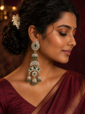 Nayab Dark Green Long Kundan Jhumka Earrings