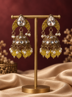 Mahira Yellow Kundan Jhumka Earrings