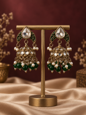 Mahira Dark Green Kundan Jhumka Earrings