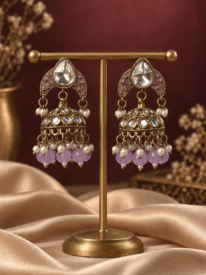 Lavender Jhumka Earrings with Kundan-Style Stones