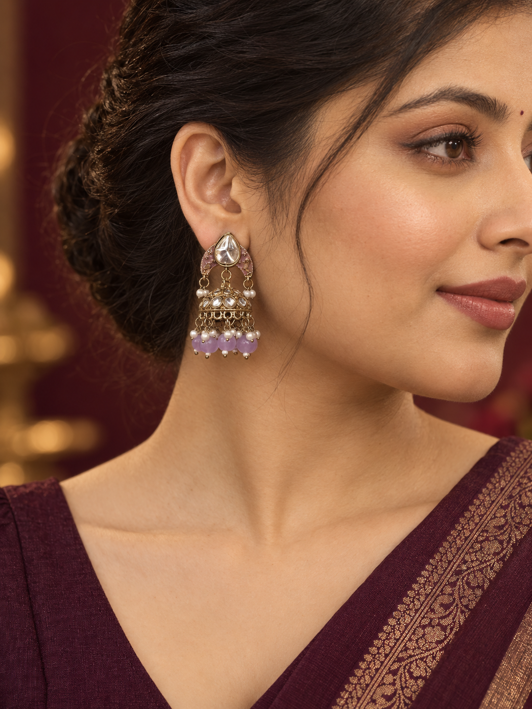 Mahira Lavender Kundan Jhumka Earrings