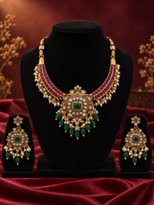 Ruby Red and Emerald Green Temple Jewellery Set