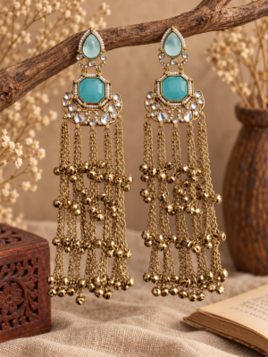 Niyati Light Blue Kashmiri Ghungroo Earrings with cascading golden chains