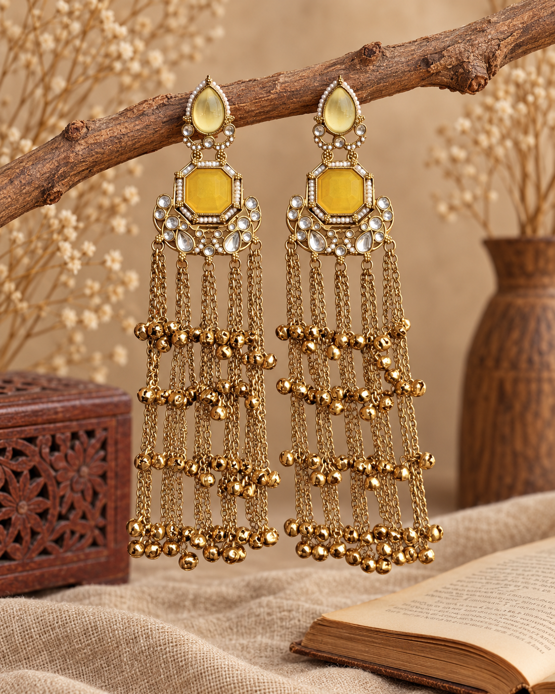 Niyati Yellow Kashmiri Ghungroo Earrings with cascading golden chains