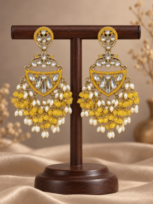 Yellow Kundan Chandbali Earrings, Yellow Kundan Earrings, Yellow Chandbali Earrings, Haldi Earrings for Women, Kundan Earrings for Women, Traditional Kundan Earrings, Kundan Pearl Earrings, Wedding Earrings for Women, Mehendi Earrings, Festive Statement Earrings, Beaded Chandbali Earrings, Niyati Earrings