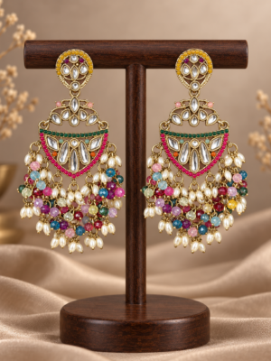 Niyati Multicolour Kundan Chandbali Earrings with beaded drops