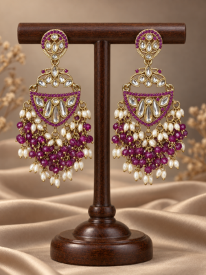 Niyati Purple Kundan Chandbali Earrings with beaded drops