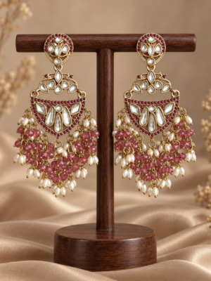 Niyati Wine Kundan Chandbali Earrings with beaded drops