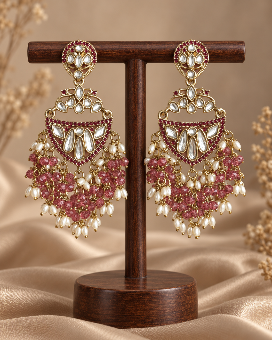 Niyati Wine Kundan Chandbali Earrings with beaded drops