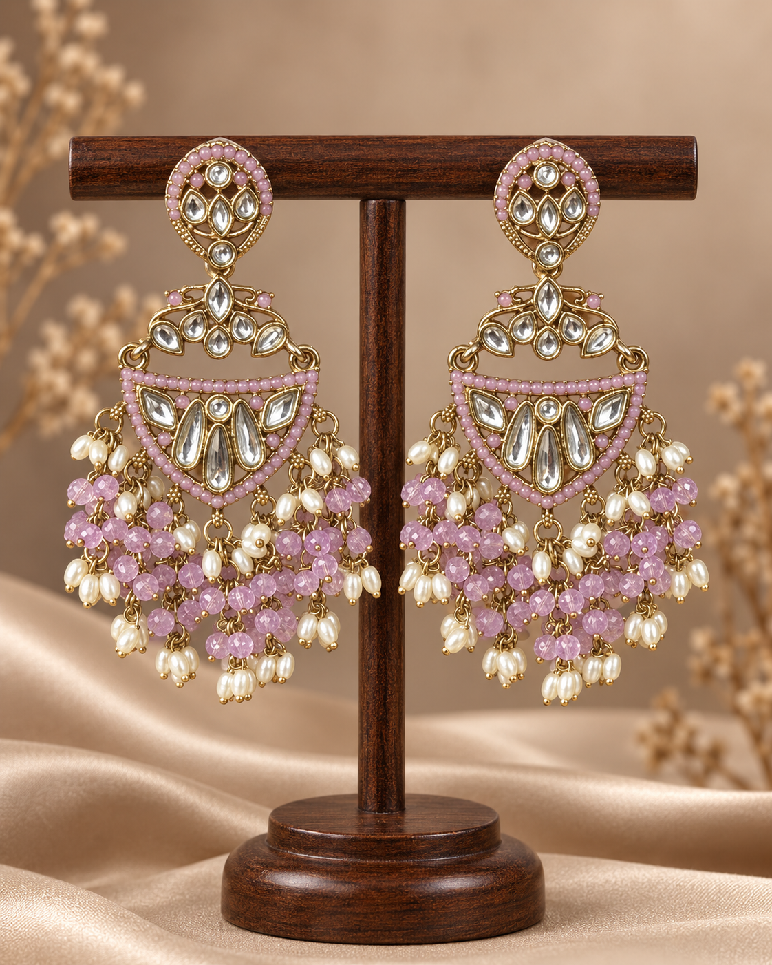 Niyati Lavender Kundan Chandbali Earrings with beaded drops