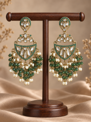 Niyati Dark Green Kundan Chandbali Earrings with beaded drops