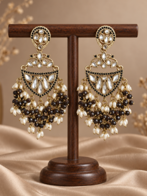 Niyati Black Kundan Chandbali Earrings with beaded drops