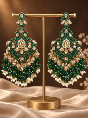 Damini Dark Green Kundan Chandelier Earrings with bead drops