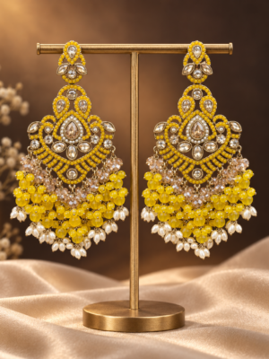 Damini Yellow Kundan Chandelier Earrings with beaded drops
