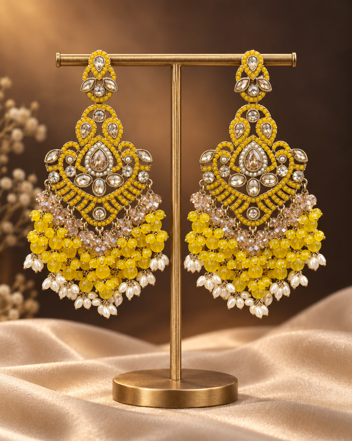 Damini Yellow Kundan Chandelier Earrings with beaded drops