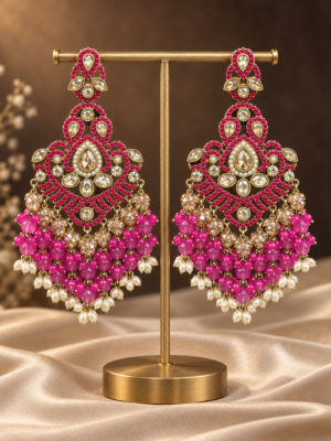 Damini Dark Pink Kundan Chandelier Earrings with beaded drops