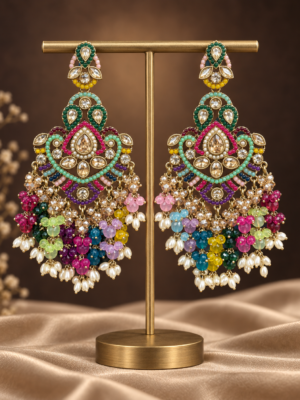 Damini Multicolour Kundan Chandelier Earrings with beaded drops