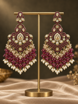 Damini Wine Kundan Chandelier Earrings with beaded drops