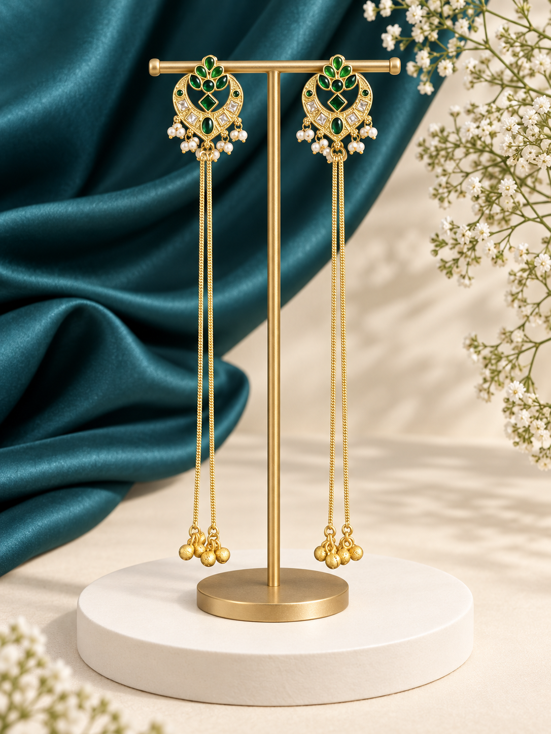 Ahana Dark Green Kashmiri Ghungroo Earrings with long golden chains
