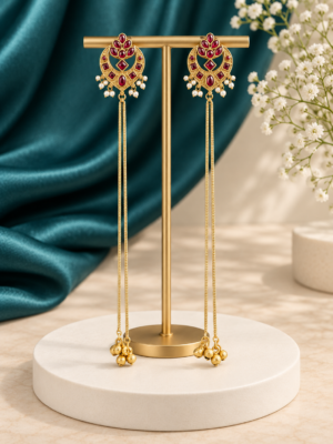 Long ruby Kashmiri earrings with golden ghungroo chains