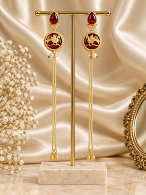 Barkha Ruby Kashmiri Ghungroo Earrings with bird motif and long golden chains
