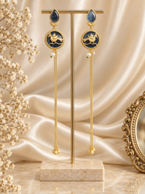 Barkha Dark Blue Kashmiri Ghungroo Earrings with bird motif and long golden chains