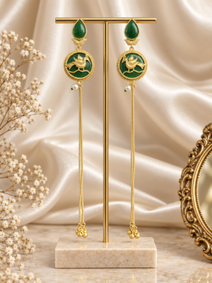 Long dark green Kashmiri earrings with golden ghungroo chains