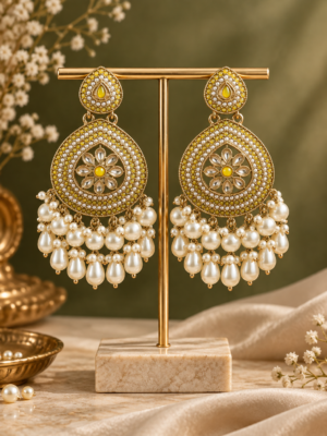 Gulnaz Yellow Pearl Chandbali Earrings with floral stones and pearl drops