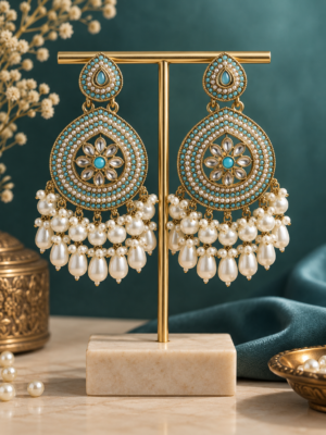 Gulnaz Light Pink Pearl Chandbali Earrings with floral stones and pearl drops