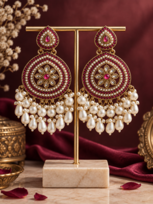 Gulnaz Wine Pearl Chandbali Earrings with floral stones and pearl drops