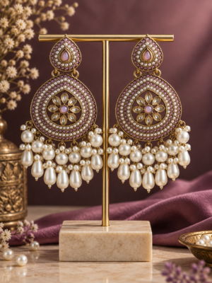 Gulnaz Light Pink Pearl Chandbali Earrings with floral stones and pearl drops