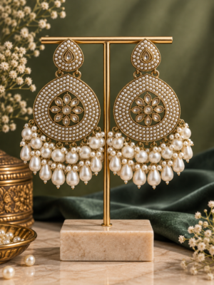 Gulnaz white pearl statement earrings for women