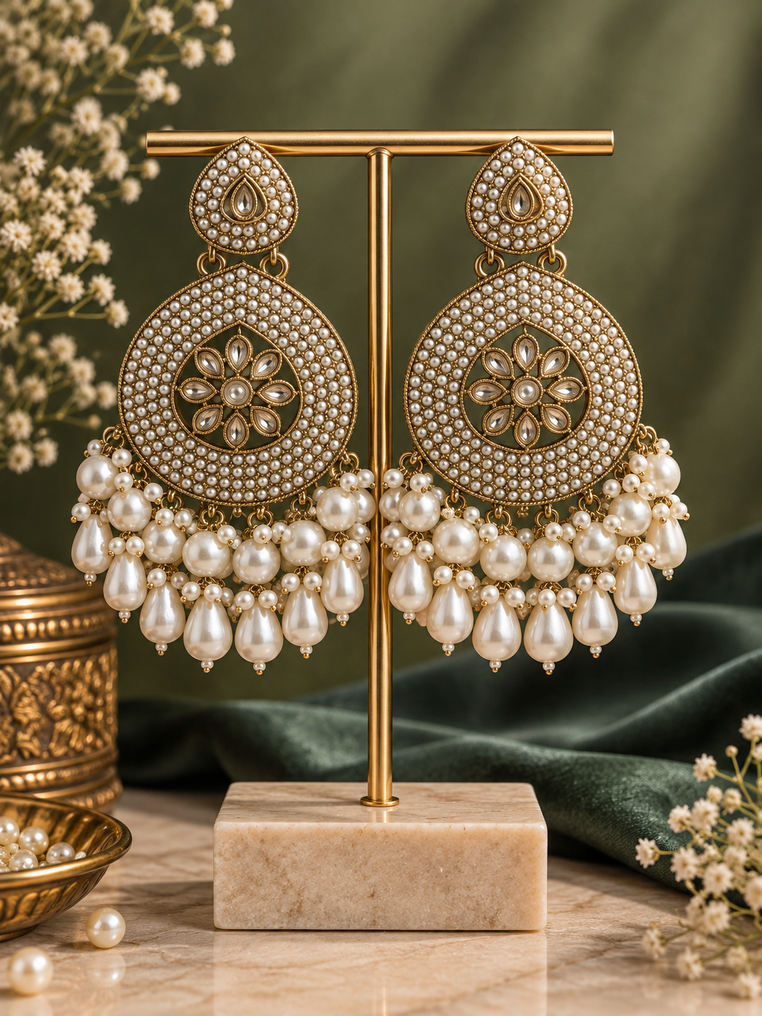 Gulnaz white pearl statement earrings for women