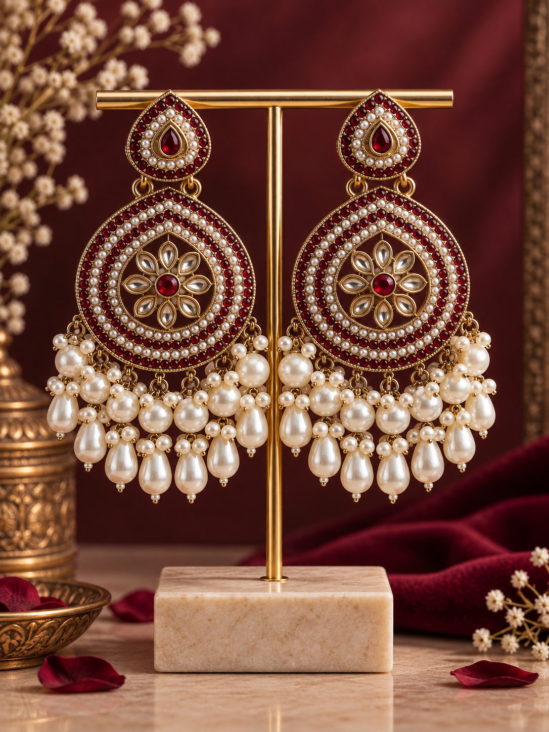 Gulnaz earrings, red pearl chandbali earrings, red chandbali earrings, pearl chandbali earrings, red ethnic earrings, kundan-style earrings, faux-pearl earrings, round statement earrings, festive earrings, bridal-style earrings, wedding earrings for women