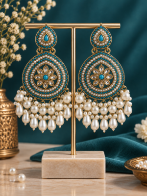 Gulnaz Teal Blue Pearl Chandbali Earrings with floral stones and pearl drops